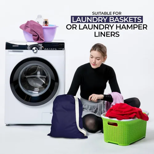 Vista 3 de Bolsa de lavandería de nailon azul marino resistente con correas, lavable, bolsa de lavandería plegable para viajes, hogar y almacenamiento