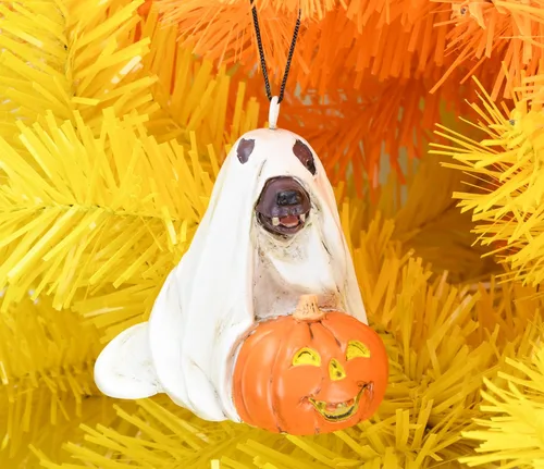 Vista 3 de Tree Buddees Lindo perro vestido como fantasma con calabaza adorno de Halloween