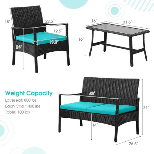 Vista 9 de HAPPYGRILL Juego de 4 muebles de mimbre para patio, juego de conversación de mimbre de polietileno, sofá de ratán con cojines, mesa de centro