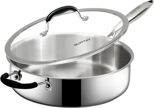 Vista 8 de SLOTTET Sartén de acero inoxidable de tres capas con tapa, sartén profunda de 5 cuartos de galón con cómodo mango de silicona, sartén de 11.5