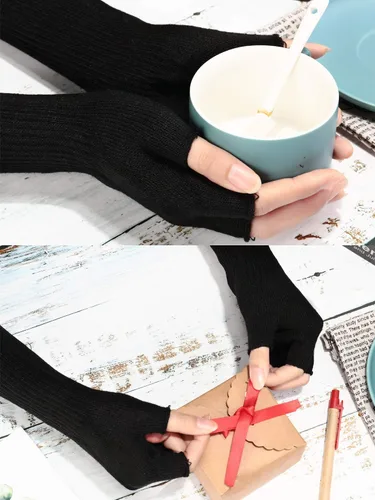 Vista 3 de SATINIOR 4 pares de guantes largos sin dedos de invierno, guantes de longitud del codo, calentadores de brazos para mujer