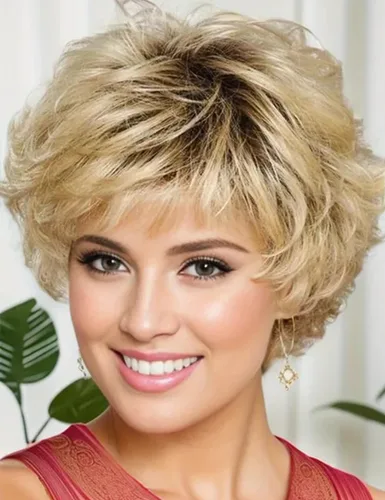 Vista 13 de TISHINING Pelucas Rizadas Cortas de Corte Pixie Ombre Rubias para Mujeres Blancas Peluca Rubia Mixta Esponjosa en Capas con Flequillo de Aspecto