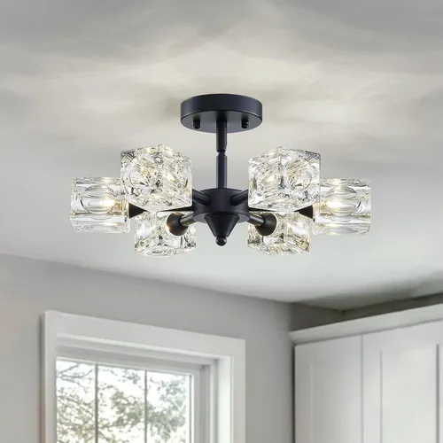 Vista 12 de XINGQI Lámpara de techo moderna de 6 luces, lámpara de montaje semiempotrado Sputnik, lámparas de araña doradas en negro para recámara, comedor