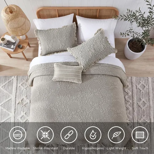 Vista 3 de HORIMOTE HOME Edredón beige con volantes, tamaño individual, microfibra lavada a la piedra, ligera, arrugada, rústica, desgastada, elegante, 2