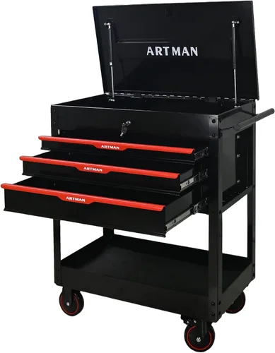 Vista 16 de Caja de herramientas con ruedas de 4 cajones, carrito de almacenamiento de herramientas con parte superior de madera, caja de herramientas