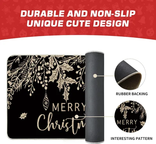 Vista 6 de Artoid Mode Alfombra de Puerta con Vistoso Vistoso de Muérdago y Acebo Negro, Feliz Navidad, Decoración de Hogar de Invierno de Bajo Perfil