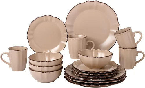 Vista 6 de Elegante y elegante juego de vajilla de 16 piezas con borde festoneado, servicio para organizar fiestas y eventos, juego de 4, borde festoneado Negro