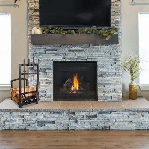 Vista 4 de Lavish Home - Juego de herramientas para chimenea de 5 piezas y estante de troncos, soporte para leña estilo misión con pala, escoba, pinzas y póker