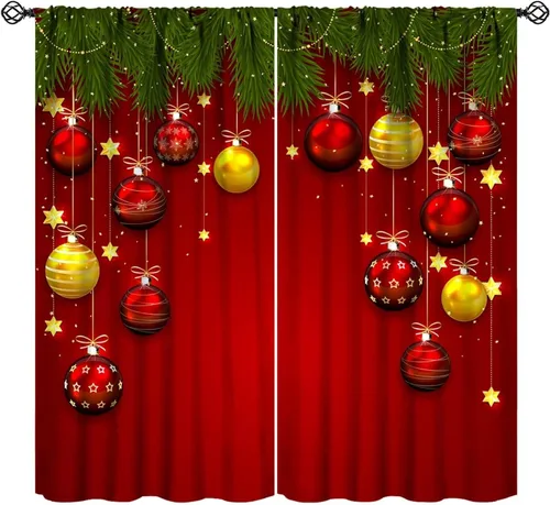 Vista 27 de Cortinas de Navidad de gnomo, bolas de árbol de Navidad, luces, regalos, decoración de tablones para sala de estar, dormitorio, bolsillo para barra