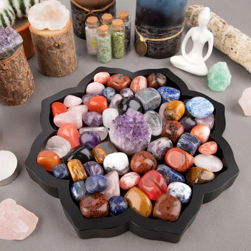 Vista 2 de Mooncraftlogy Bandeja de cristal Lotus, quemador de incienso de madera para palo/cono, soporte para exhibición de piedras preciosas, organizador