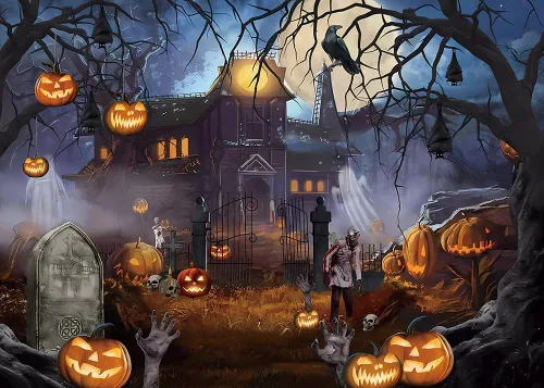 Vista 8 de Telón de fondo temático de Halloween para fotografía, castillo de fantasmas, luna, noche aterradora, calabaza, farol, cuervo, fondo de fotos