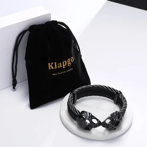 Vista 6 de Pulsera gótica de calavera para hombre, acero inoxidable, cable y cuero punk, plata y negro, diseño de puño abierto para motociclista, rockero