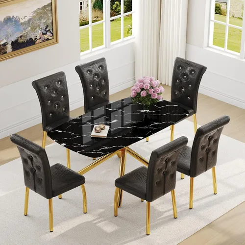 Vista 41 de Juego de mesa de comedor moderna para mesa de comedor negra de 4,63 pulgadas, juego de 4 con patas de metal dorado, mesa de cocina rectangular