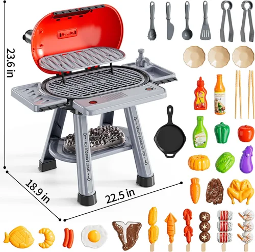 Vista 6 de NIPLOOOW Juego de juguetes de cocina para niños, parrilla de barbacoa para niños, juego de cocina con humo, sonido y luz, barbacoa de 2 capas