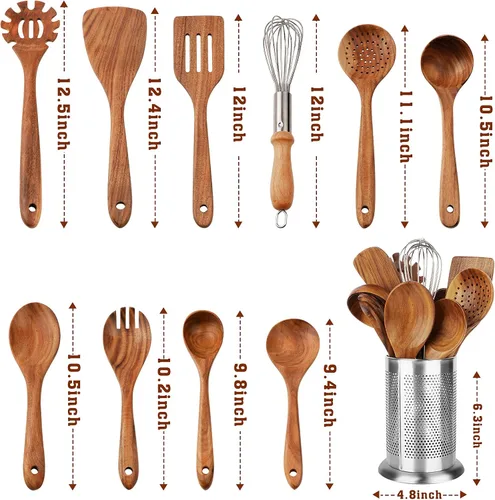 Vista 2 de 11 cucharas de madera para cocinar, utensilios de madera de teca natural para cocinar, juego de utensilios de cocina de madera antiadherente