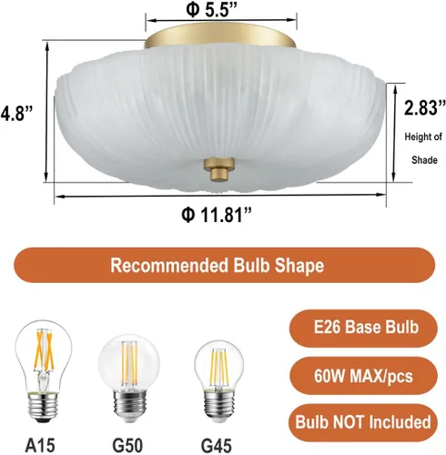 Vista 6 de DIRYZON Lámpara de techo semiempotrada de 12 pulgadas, luces de techo modernas, lámpara de techo de latón de 3 luces con vidrio esmerilado