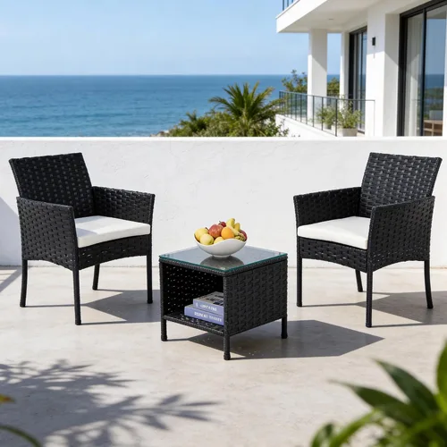 Vista 9 de 3 Piece Patio Furniture Set, Black Wicker Chairs with Blue Cushions Blue/Black