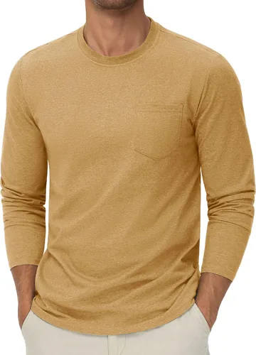 Vista 14 de Cotrasen Camisetas de manga larga para hombre, de algodón, cuello redondo, absorben la humedad, suaves, casuales, con bolsillo