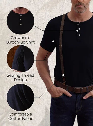 Vista 5 de Camiseta casual Henley de manga corta con cuello de muesca para hombre, camiseta de algodón sin cuello