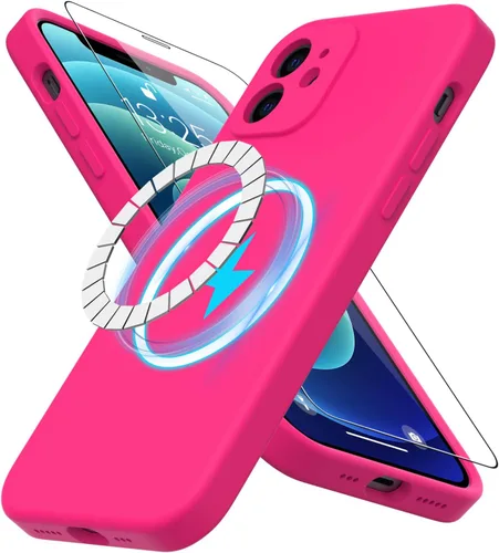 Vista 26 de DEENAKIN Funda magnética de silicona para iPhone 12 Pro con protector de pantalla, compatible con MagSafe, protección de cámara, funda protectora