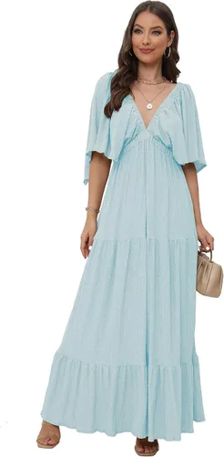 Vista 3 de SUNNOW Vestido largo de verano para mujer, talla grande, holgado, cuello en V, escalonado, manga con volantes, vestido de playa bohemio