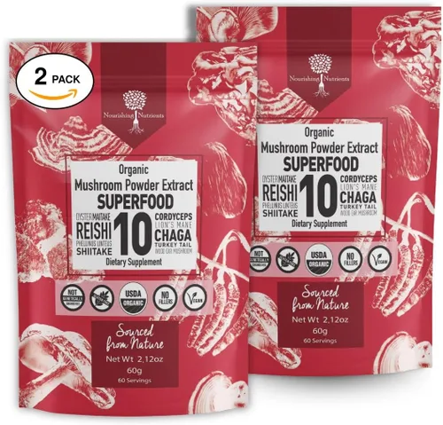 Vista 10 de Suplemento orgánico USDA de 10 hongos en polvo, enfoque y apoyo inmunológico 100% cuerpo fructífero, melena de león, cordyceps, hongo reishi