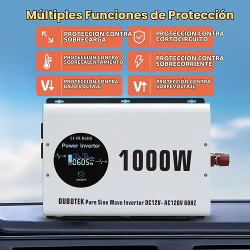 Vista 7 de Inversor de Potencia de 1000 Vatios Potencia Pico 2000W Onda Sinusoidal Pura 12V DC a 120V AC Convertidor RV con Control Remoto Inalámbrico Pantalla