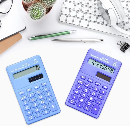 Vista 8 de Calculadoras estándar básicas azules, mini calculadora digital de escritorio, calculadora inteligente de energía solar, tamaño de bolsillo, oficina