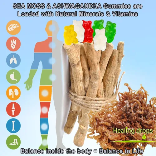 Vista 4 de Gomitas de musgo marino Ashwagandha con raíz de bardana Bladderwrack, dieta alcalina keto vegana sin OMG, sin lácteos y gluten, por Healing Drops