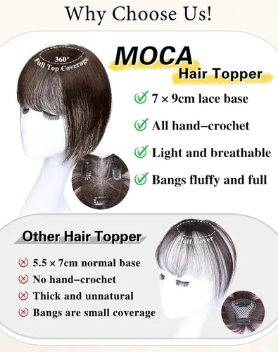 Vista 6 de Toppers de cabello humano real para mujer – 3603D cubierta con clip en flequillo para uso diario (marrón oscuro)
