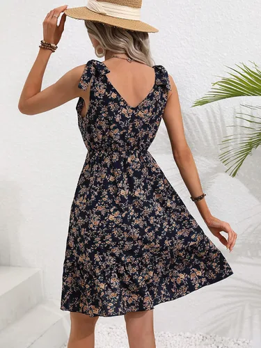 Vista 2 de SweatyRocks Vestidos de mujer con cuello en V y estampado floral, con lazo en los hombros, estilo bohemio, con volantes, acampanados