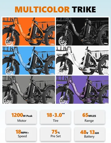 Vista 2 de Bicicleta eléctrica para adultos, triciclo de 1200 W de potencia máxima y batería extraíble de 499.2 Wh, neumáticos gruesos de 18x3.0, bicicleta