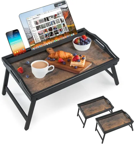 Vista 10 de Mesa Bandeja para Cama Bandejas de Desayuno Bandeja de Servir Altura Ajustable para Comer Cama de Bambú Laptop Plegable Patas con Asas y Soportes