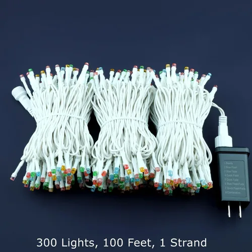Vista 5 de 300 luces LED multicolor de Navidad, cadena de luces LED de gran angular de 5mm de 30,48 metros con adaptador de 8 modelos (cable blanco)