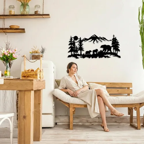 Vista 4 de DEKADRON Arte de pared de metal, arte familiar de oso de metal, decoración de montaña de árbol, decoración de pared de naturaleza, regalo