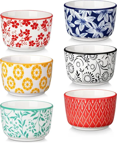 Vista 17 de vancasso Selene - Juego de 6 mini ramequines de cerámica de 4 onzas, tazas para hornear aptas para horno para crème brûlée, soufflés, postres