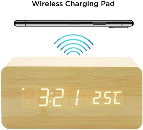 Vista 3 de Reloj despertador LED Digital de madera USB/AAA Powered Table Watch con temperatura humedad Control de voz Snooze Relojes electrónicos de escritorio
