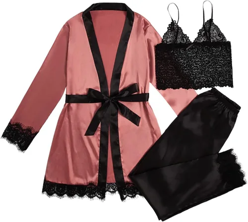 Vista 2 de Verdusa Conjunto de pijama de satén para mujer, 3 piezas, pantalones de encaje floral con bata