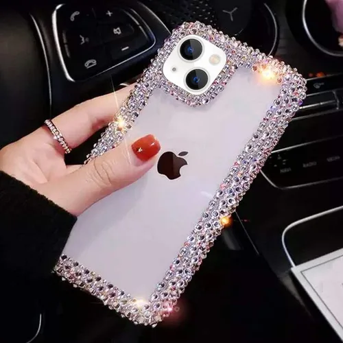 Vista 3 de Funda compatible con iPhone 15 para mujeres y niñas, funda 3D con purpurina brillante y destellos, funda de lujo con encantos de cristal