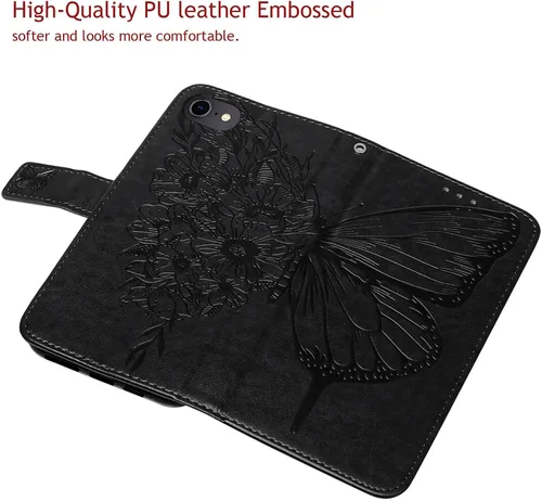 Vista 2 de Funda tipo cartera para iPhone 6/6S/7/8/SE 2022/SE 2020 (negro) Butterfly Floral Embossed Pattern, Wrist Strap, PU Leather, Card Holder Slots