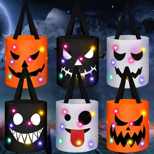 Vista 7 de Teling 6 bolsas de dulces de calabaza con luces LED para Halloween con luces LED para Halloween, bolsa de regalo reutilizable para suministros