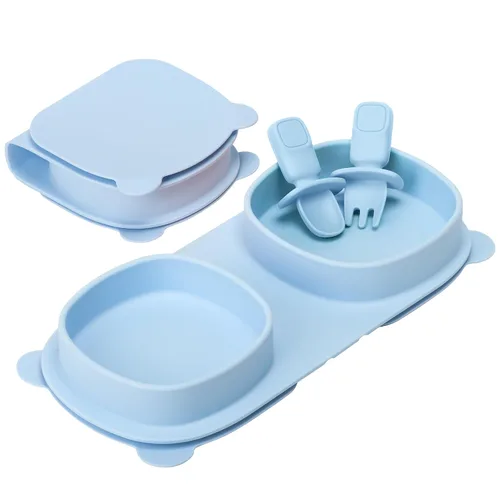 Vista 11 de Platos llanos plegables de silicona, platos para bebé, esenciales de viaje con tenedores y cucharas, aptos para microondas y lavavajillas, aguamarina