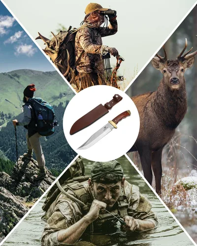 Vista 7 de Mossy Oak - Cuchillo Bowie de 14 pulgadas, mango de madera, cuchillo de caza Hoja fija de espiga completa, funda de cuero, cuchillos de caza
