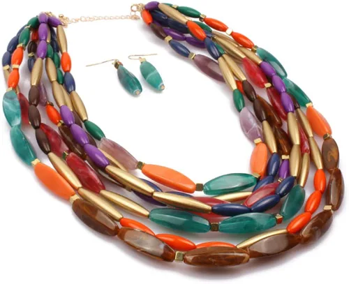 Vista 5 de Juego de gargantilla y aretes de gota de resina de cristal de varias capas para mujer, collar de clavícula, collar de babero y aretes