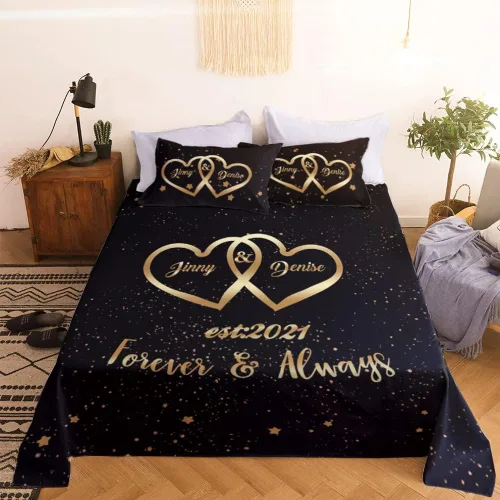 Vista 3 de VEELU Juego de funda de edredón personalizada con nombres de pareja, 3 piezas, tamaño matrimonial, funda de edredón de microfibra con corazones
