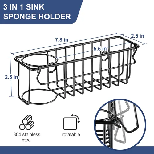 Vista 3 de Soporte de esponja 3 en 1 para fregadero de cocina, 2 opciones de suspensión (ventosas y gancho adhesivo), organizador de fregadero colgante