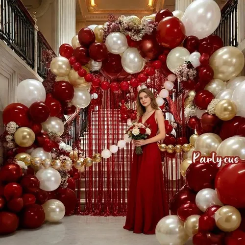 Vista 2 de Arco de globos de oro rojo y blanco, doble relleno, kit de guirnalda de globos de enlace rojo, cortina de flecos para cumpleaños, despedida de Oro
