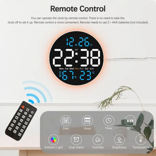 Vista 5 de JoFomp Reloj de pared digital grande de 10 pulgadas con control remoto, pantalla LED, reloj despertador digital enchufable, brillo automático, DST