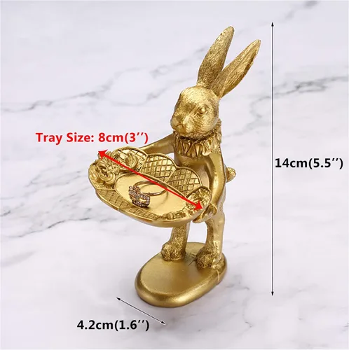 Vista 3 de FANTESTICRYAN Bandeja de joyería decorativa de estatua de conejito pequeño, lindo y retro adorno dorado figura de conejo de Pascua para accesorios