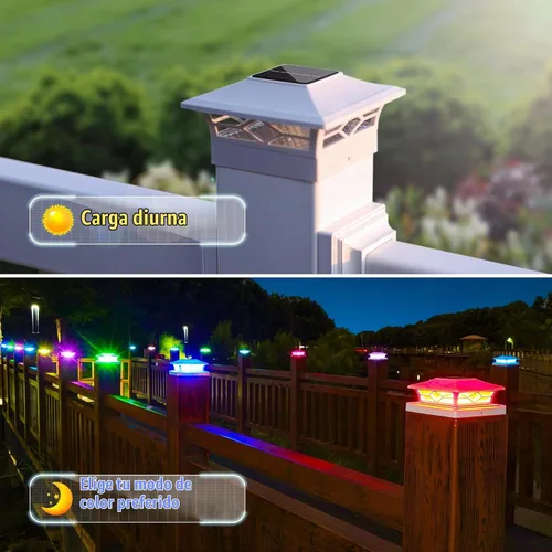Vista 3 de VOLISUN Luz Solar para Poste Impermeable al Aire Libre: Cambio de Color RGB - Luces Intermitentes de Tapa Solar para Cerca 4 Unidades Blancas